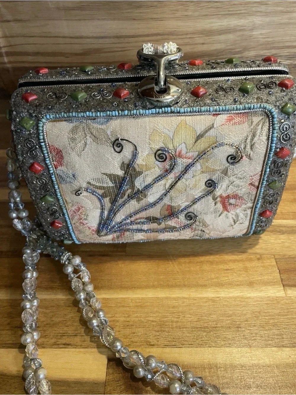 Mary Frances Floral Beaded Hobo Bag - Cream, Red, Green, Blue
